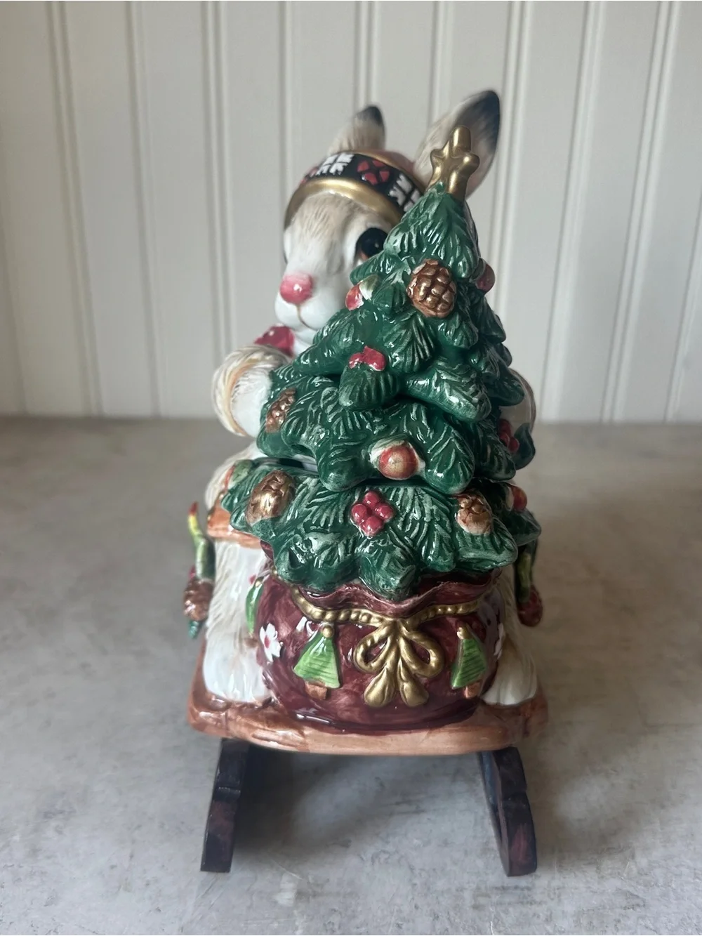 Fitz & Floyd Christmas Lodge Rabbit Lidded Box New Bunny Sleigh Candy Dish w Box